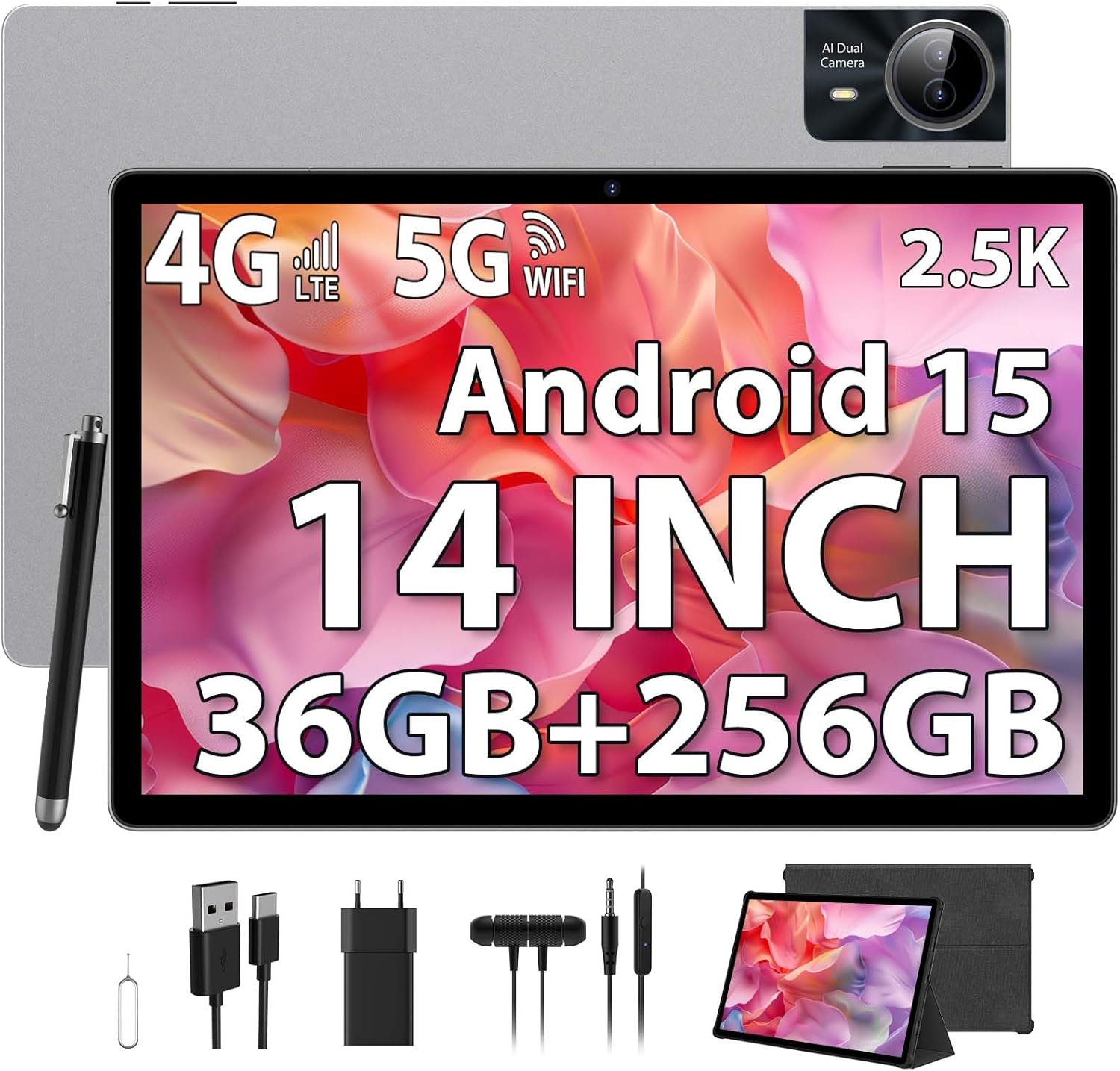 2.5K Android 15 Tablet 14 pollici, 4G Lte Double SIM/5G WiFi, 2240 x 1400, 11580mAh, 36GB RAM+256GB ROM, 4 altoparlanti, Octa-Core, 13MP+8MP, Tablet in offerta con Custodia/GPS (argenteo)