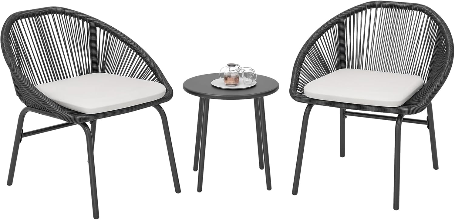 Outsunny 3-Piece Garden Set with Steel and PE Rattan Table and 2 Chairs with Cushion for Balcony and Patio, Black