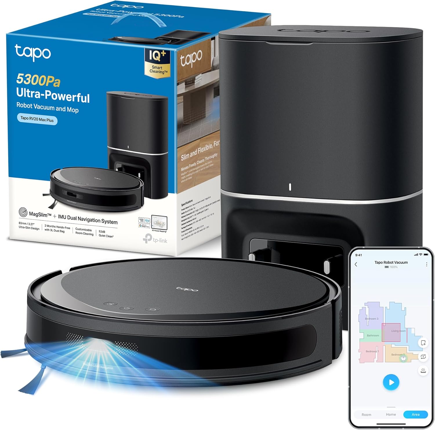 Tapo RV20 MAX Plus Robot Aspirapolvere Lavapavimenti con Mappatura 5300Pa, Svuotamento Automatico Polvere 3L, Navigazione LiDAR MagSlim, Design Ultra Compatto 83mm, Controllo APPAlexaGoogle