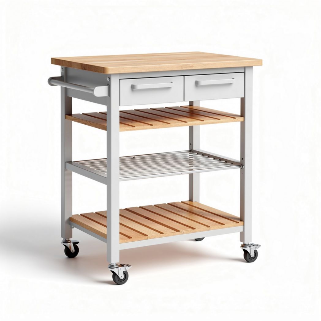 Carrello da cucina in metallo e legno massello per preparazione alimenti – 90 x 50 x 90 cm