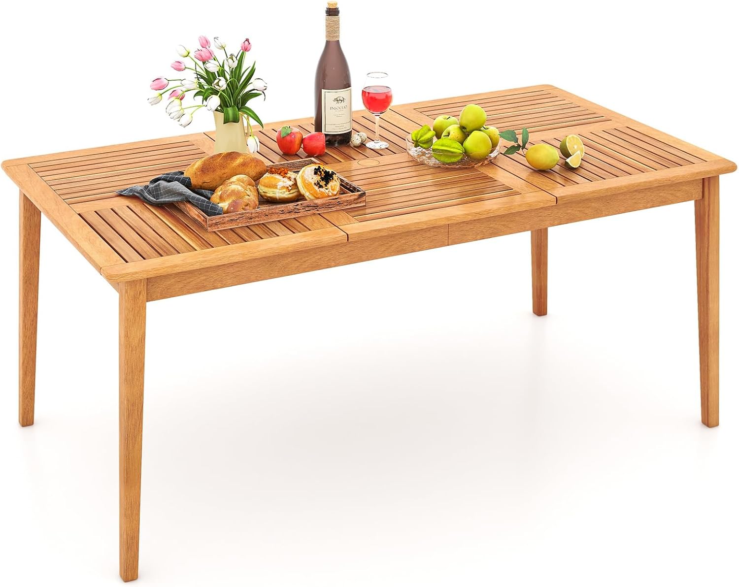 COSTWAY 6 Seater Garden Dining Table, Wooden Table with Umbrella Hole 5 cm, for Garden Patio Pool, Load 160 kg, 170 x 90 x 75.5 cm