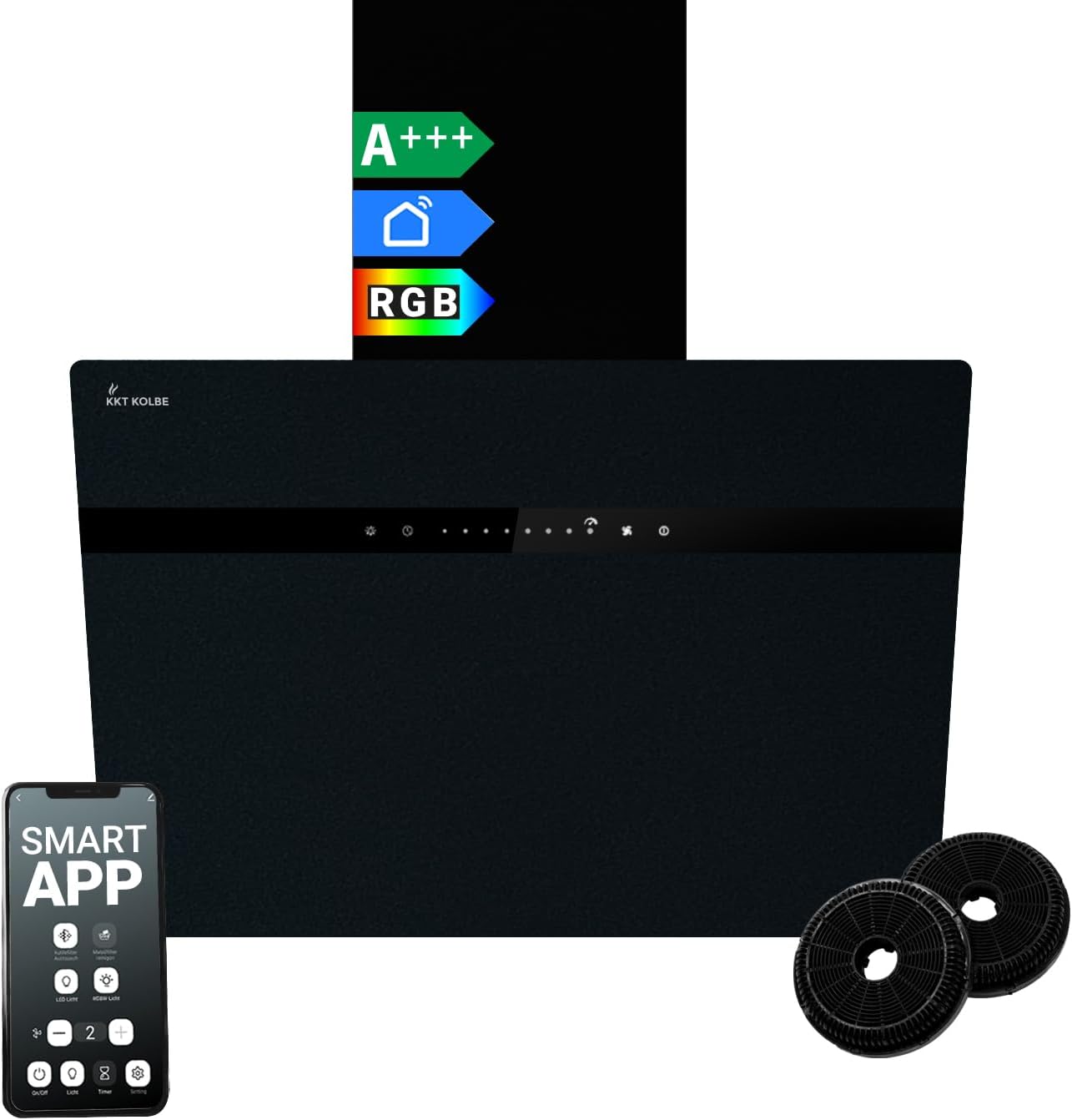 KKT KOLBE Cappa aspirante 60 cm | Cappa a Parete | Acciaio Inossidabile | Vetro Nero | WiFi | auto spegnimento | Illuminazione LED RGBW | Operazione di tocco | STYLE6005SMAO
