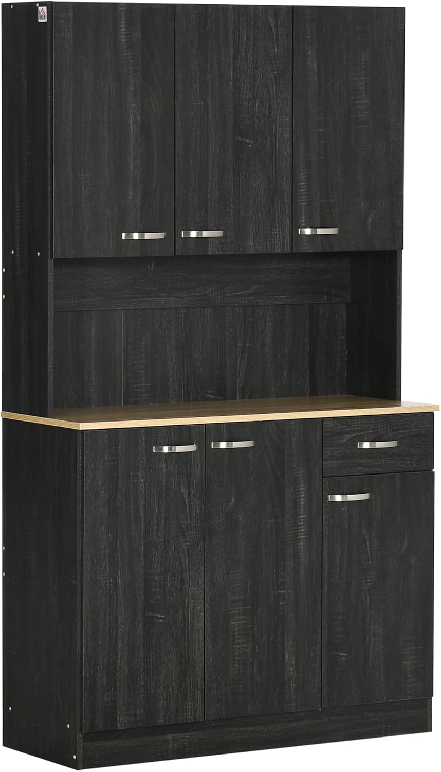 HOMCOM Credenza Cucina con Armadietti, Cassetto e Piano Portamicroonde, Mobile Dispensa Stretto con Ante e Ripiani Regolabili, Mobile Cucina per Soggiorno, Sala da Pranzo, 101x39x180 cm, Nero