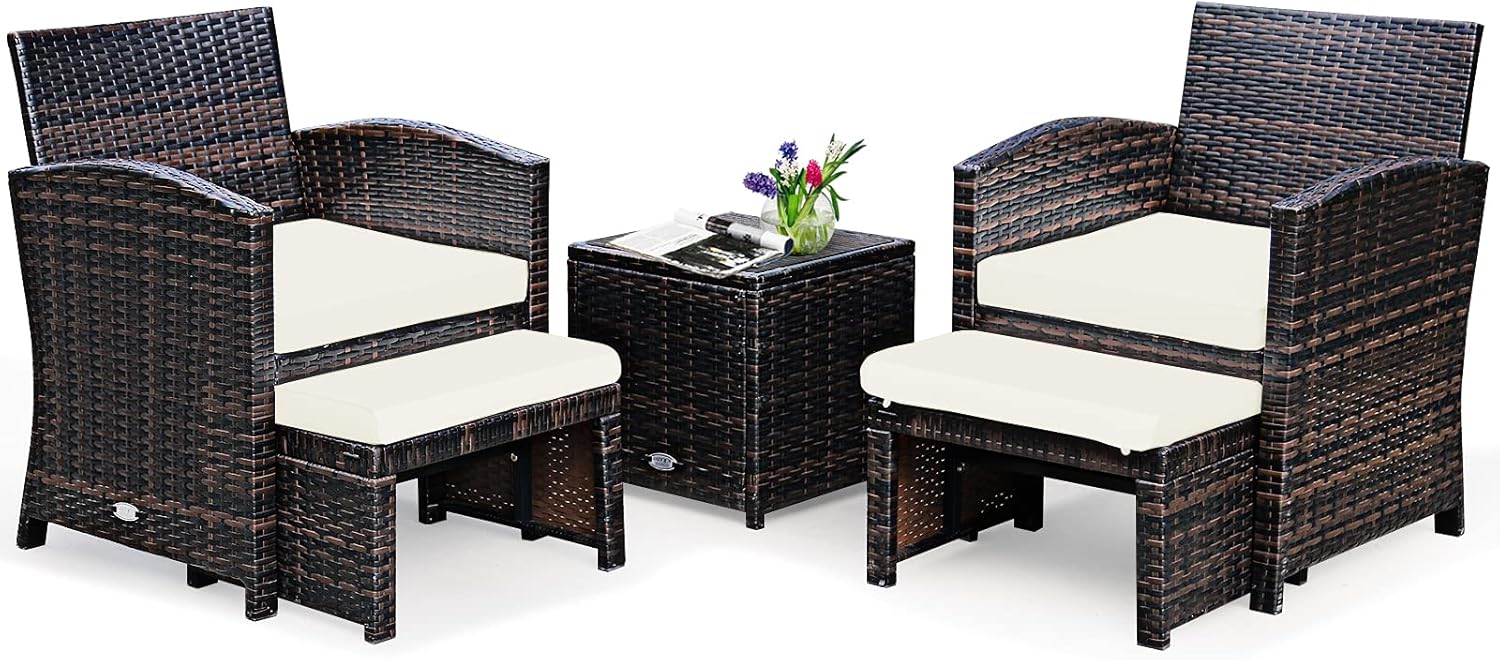 GIANTEX Rattan Garden Lounge Set of 2 Armchairs and 2 Footrests and 1 Coffee Table, Maximum Load for Chair 160 kg, Table Load 30 kg, 2 Colours (White)