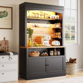 Armadietto da cucina con ripiani e scaffali aperti, 107 x 43 x 184 cm, alto con illuminazione a LED, armadio a buffet, vetrina, credenza, armadietto (nero)