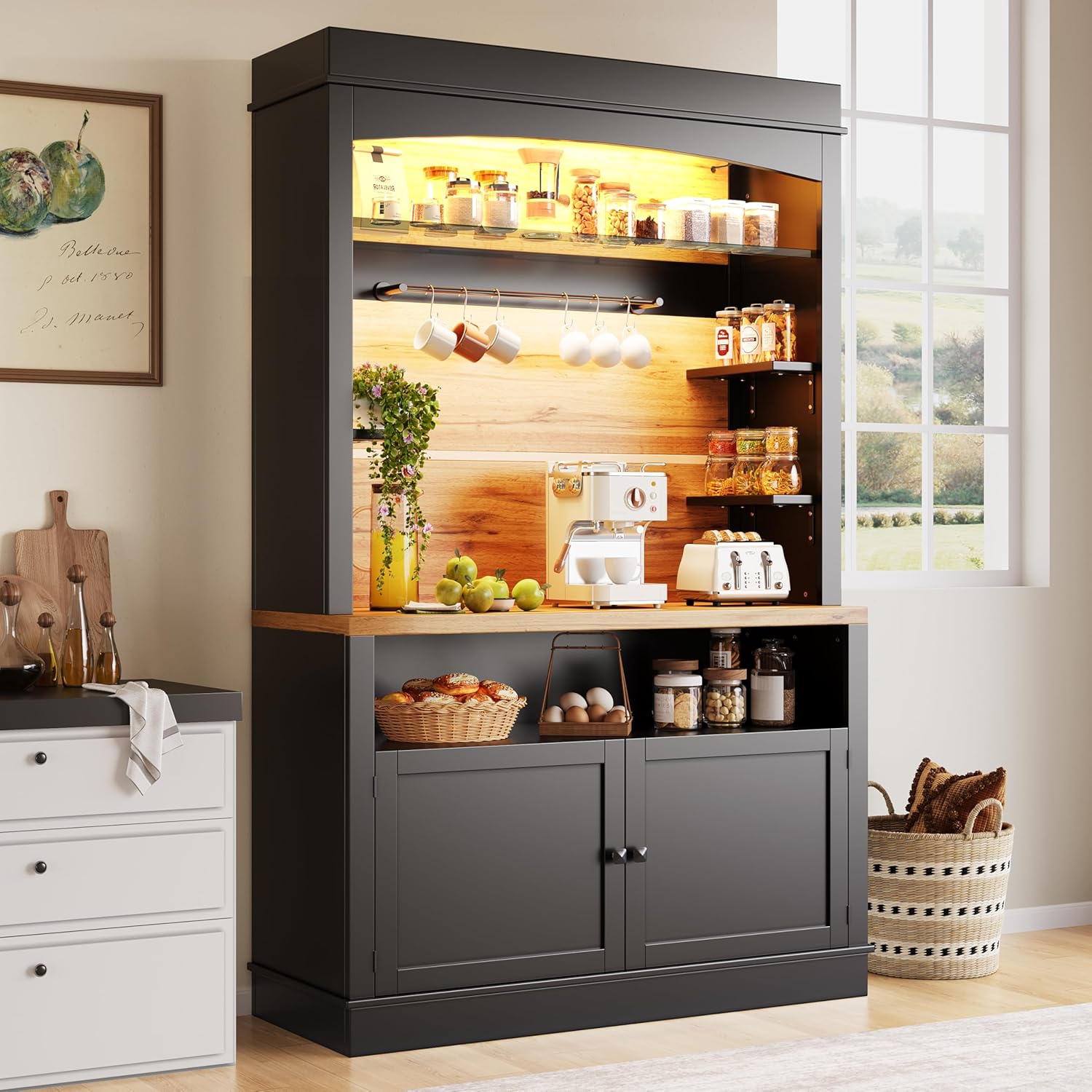 Armadietto da cucina con ripiani e scaffali aperti, 107 x 43 x 184 cm, alto con illuminazione a LED, armadio a buffet, vetrina, credenza, armadietto (nero)