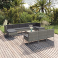 Set di mobili da giardino, 11 pezzi, con cuscini, in polyrattan, grigio, per cortili, terrazze, balconi, bordi a piscina