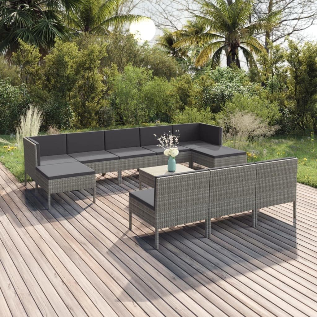 Set di mobili da giardino, 11 pezzi, con cuscini, in polyrattan, grigio, per cortili, terrazze, balconi, bordi a piscina