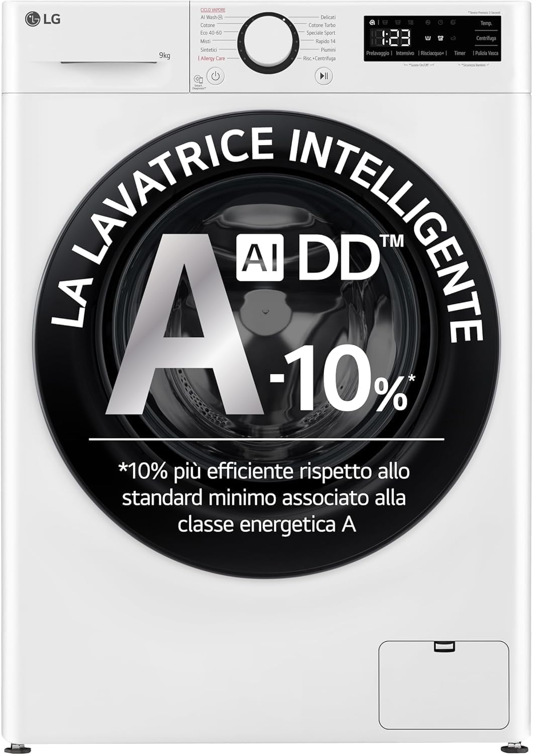 LG AI DD F2R3S09NSWB Lavatrice Slim, Carica Frontale, Lavatrice 9kg, Classe A -10%, 1200 giri, Lavaggio a Vapore, AI Wash, Motore Inverter Direct Drive, Smart Diagnosis, Libera Installazione, Bianca