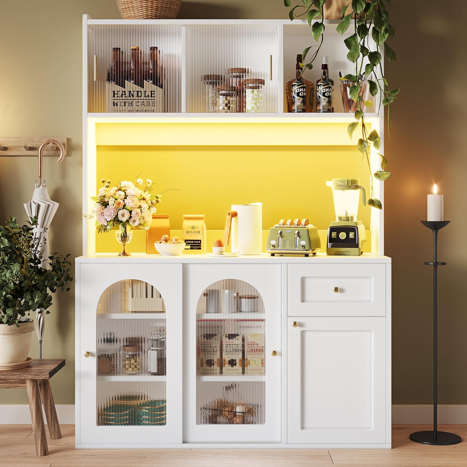 Armadio da cucina, mobile alto, vetrinetta, credenza da buffet con ripiani regolabili, armadio da sala da pranzo, credenza con illuminazione LED, bianco