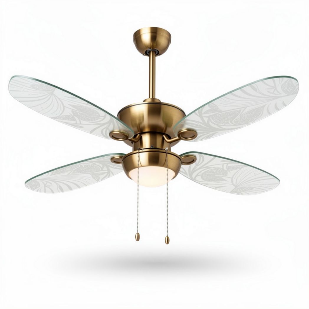 Ventilatore a soffitto in metallo con pale in vetro per ambienti interni – 120 x 120 x 40 cm