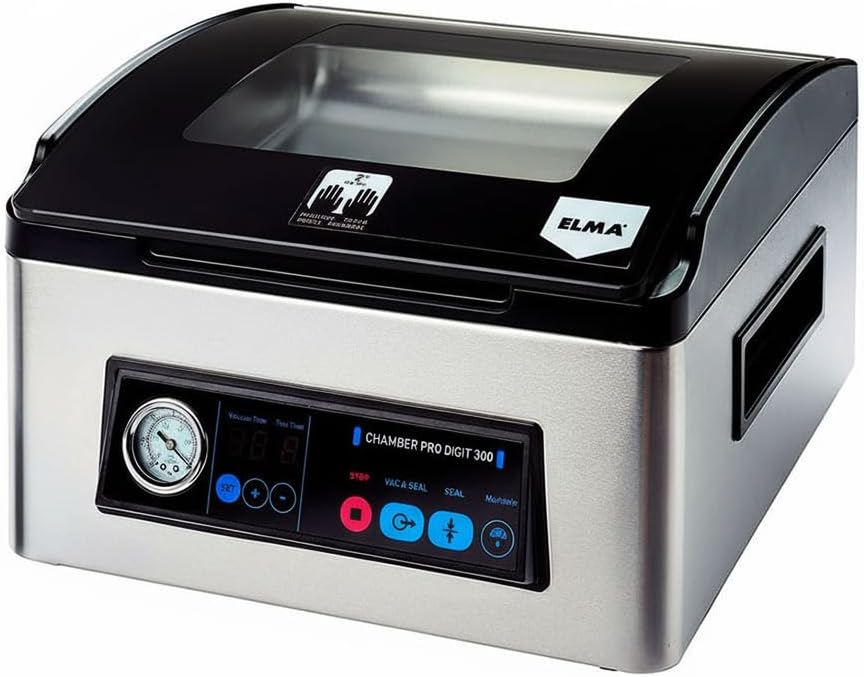 ELMA Confezionatrice Sottovuoto Professionale Chamber Pro Digit 300 | Uso Intensivo, Barra Saldante da 30cm, Consente Confezionamento con Liquidi, 43x36x23,5 cm, 350 W, Sacchetti Sottovuoto Inclusi