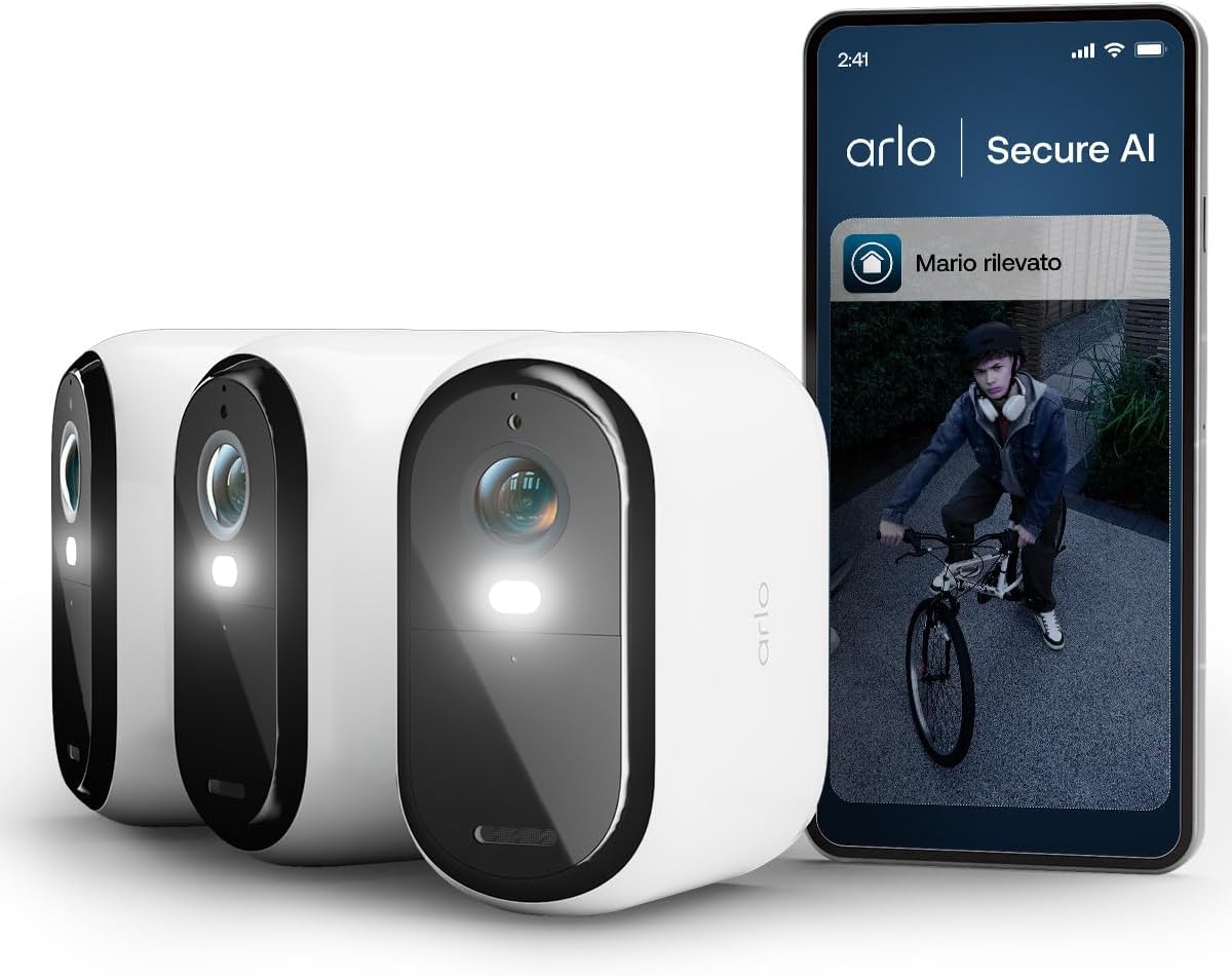 Arlo Essential 3 2K XL, videocamera WiFi esterna, batteria 24 mesi, visione notturna a colori, sirena, audio bidirezionale, 3 camere bianche