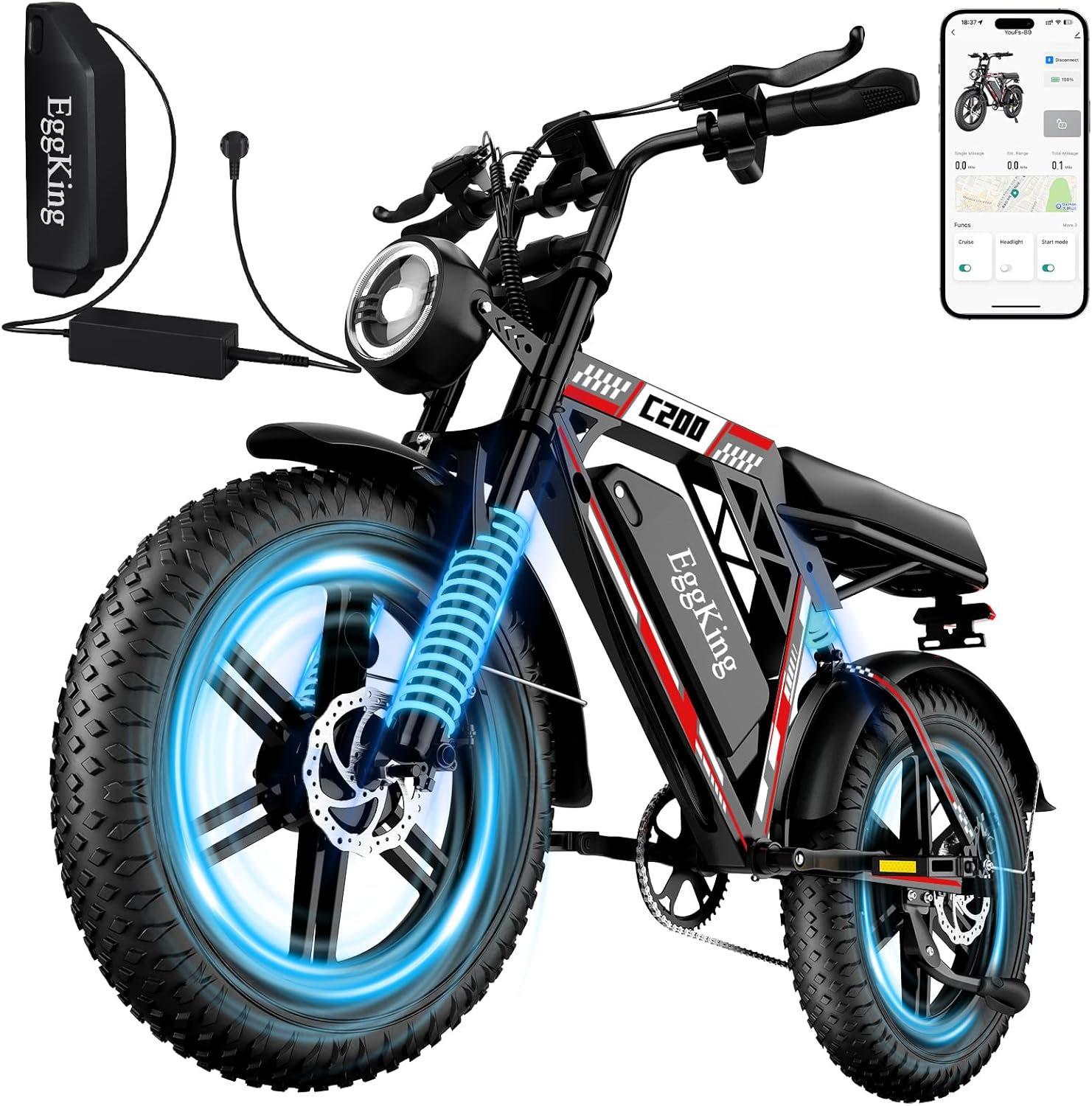 Bicicletta Elettrica 20 x 4.0 Fat Tire, Doppia Sospensione e 7 Velocità Bici Elettrica, E-Bike per Adulti, Batteria Rimovibile 48V 17.5/25 Ah, Display e Controllo APP