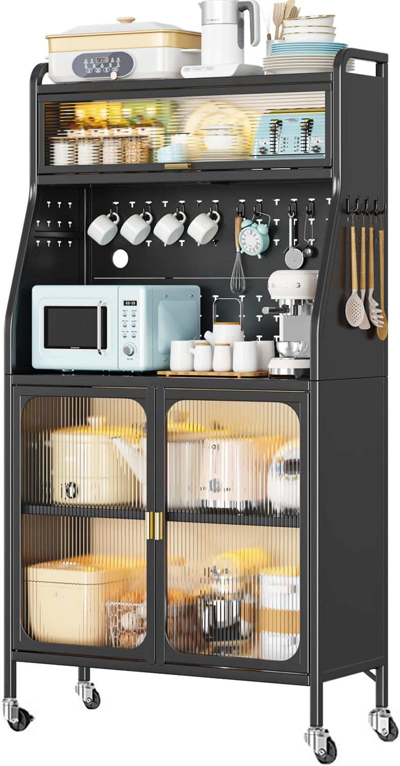 Mobile Dispensa Cucina, Credenza Cucina Alta, 76 x 36 x 164cm, con Rotelle con Gancio, Foro Per Cavi, Porta Magnetica 5 Piani Mobile Microonde, Adatto Alle Cucine, Nero