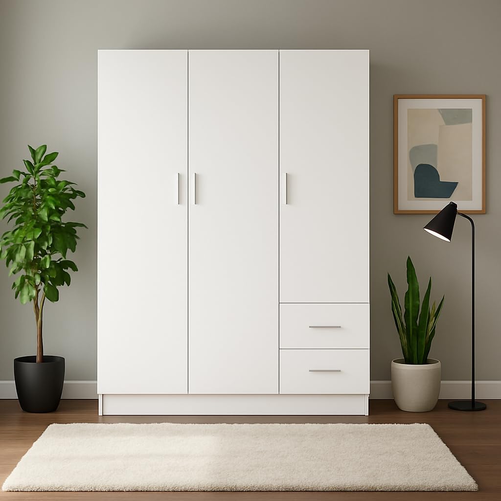 Wardrobe Wardrobe 120 x 50 x 170 cm 3 Doors and 2 Drawers, White Laminate Wood for Attic Cellar, Garage and Closet