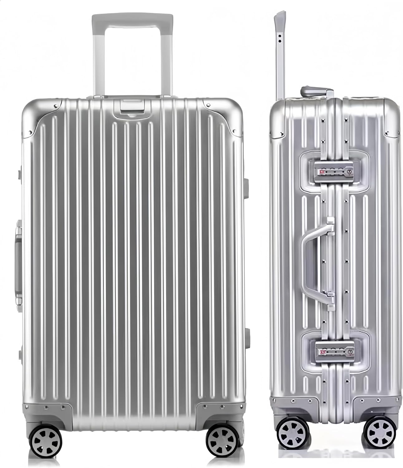 Valigia Bagaglio a Mano con coque in alluminio 100% puro. Valigia Trolley con 4 Ruote Doppie Girevoli e Lucchetto TSA Integrato(S,Argento)
