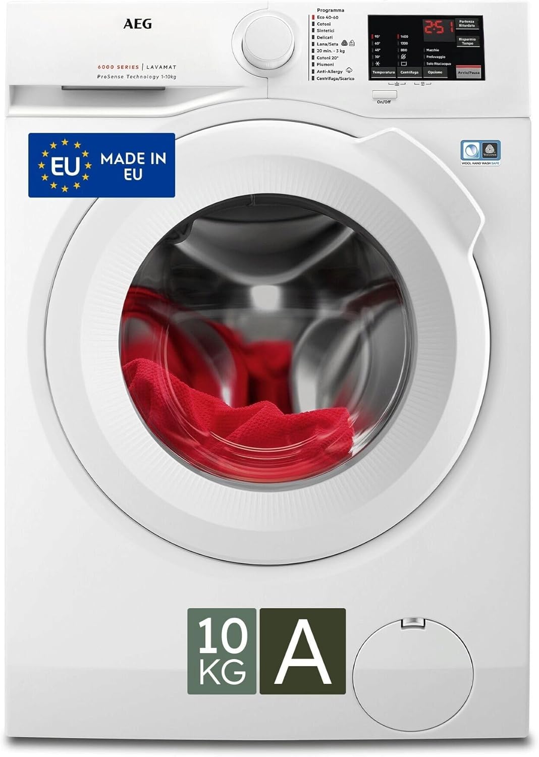 AEG Lavatrice Serie 6000 L6FBI145, Carica Frontale, 10 kg, Classe A, 1400 giri, Tecnologia ProSense, Programmi Rapidi, Display LCD, Motore ÖKOInverter, Bianco