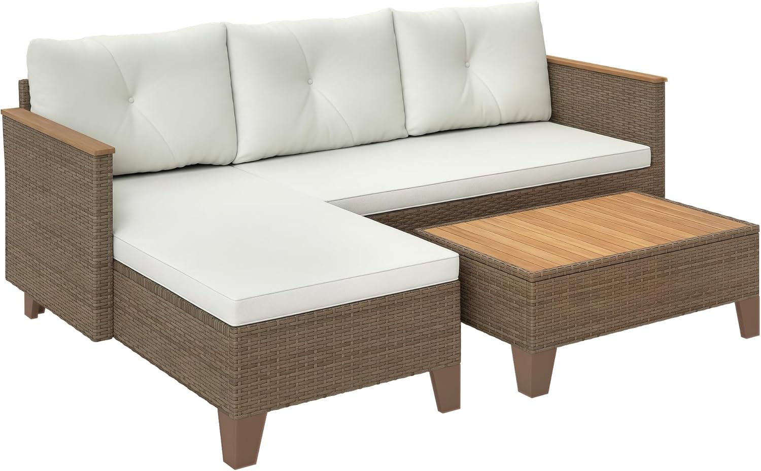 Outsunny Rattan 3 Piece Garden Furniture Set, Outdoor Living Room with 2 Seater Sofa, Chaise Longue, Glass Coffee Table and Washable Cushions, Steel Frame, Khaki/Cream