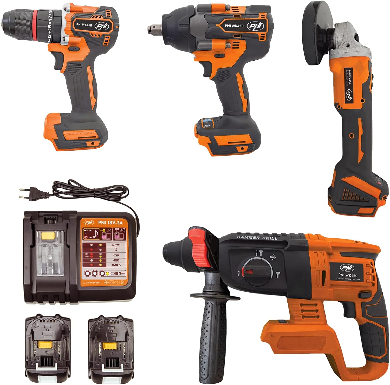 Set di utensili elettrici PNI WK450 con batterie da 18V 5.0Ah, caricabatterie incluso