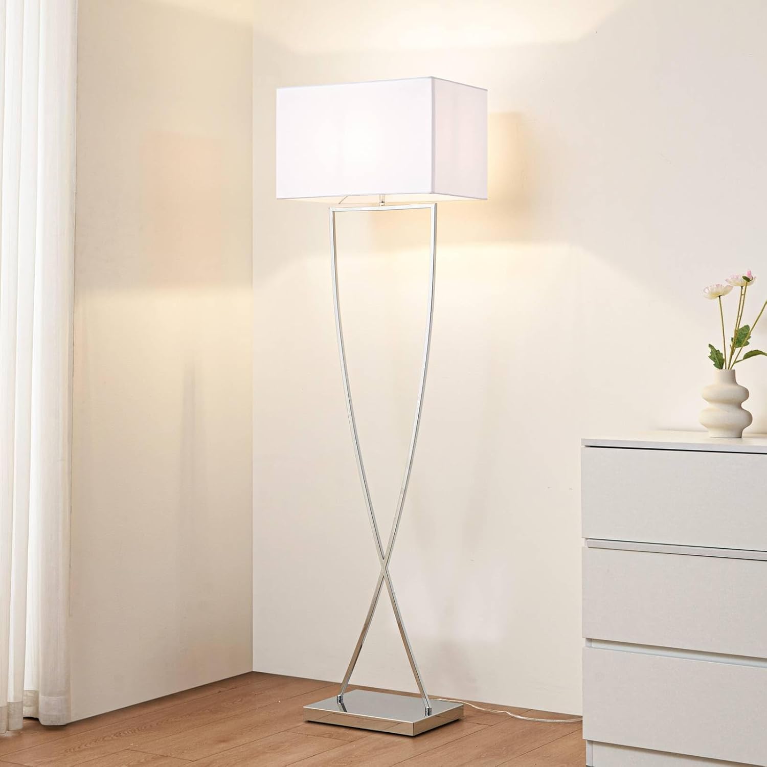 Floor lamp 'Evaine' (Modern) colour white, made of metal, e.g. living room  dining room (1 light, E27) by Lucande | fabric floor lamp