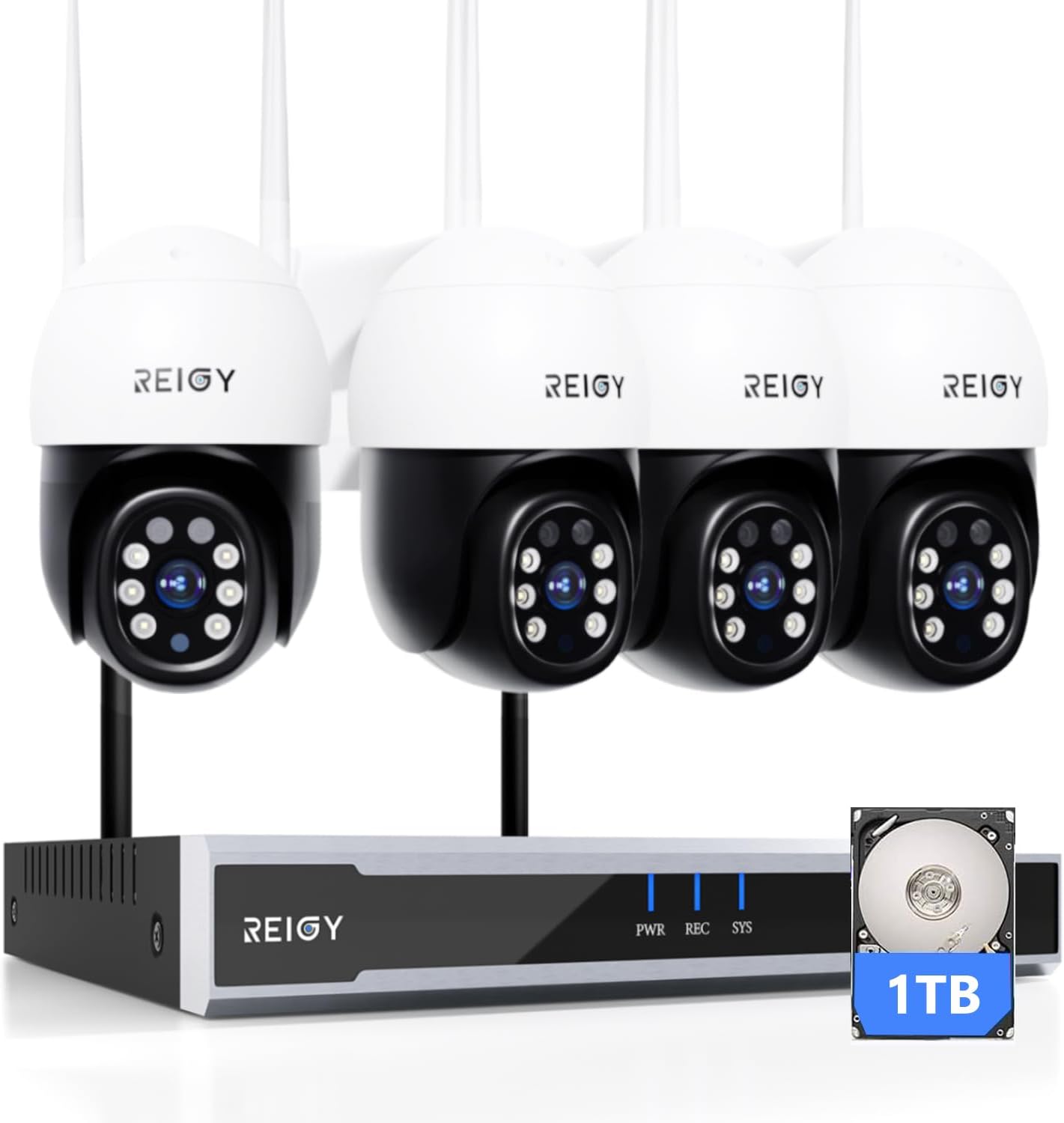 REIGY 5MP Kit Videosorveglianza Wifi Esterno con Visione Notturna a Colori e 1TB HDD, Sistema Sicurezza con 16CH NVR + 4x PT VideoCamera(2880 * 1620P), Telecamera Sorveglianza Audio Bidirezionale