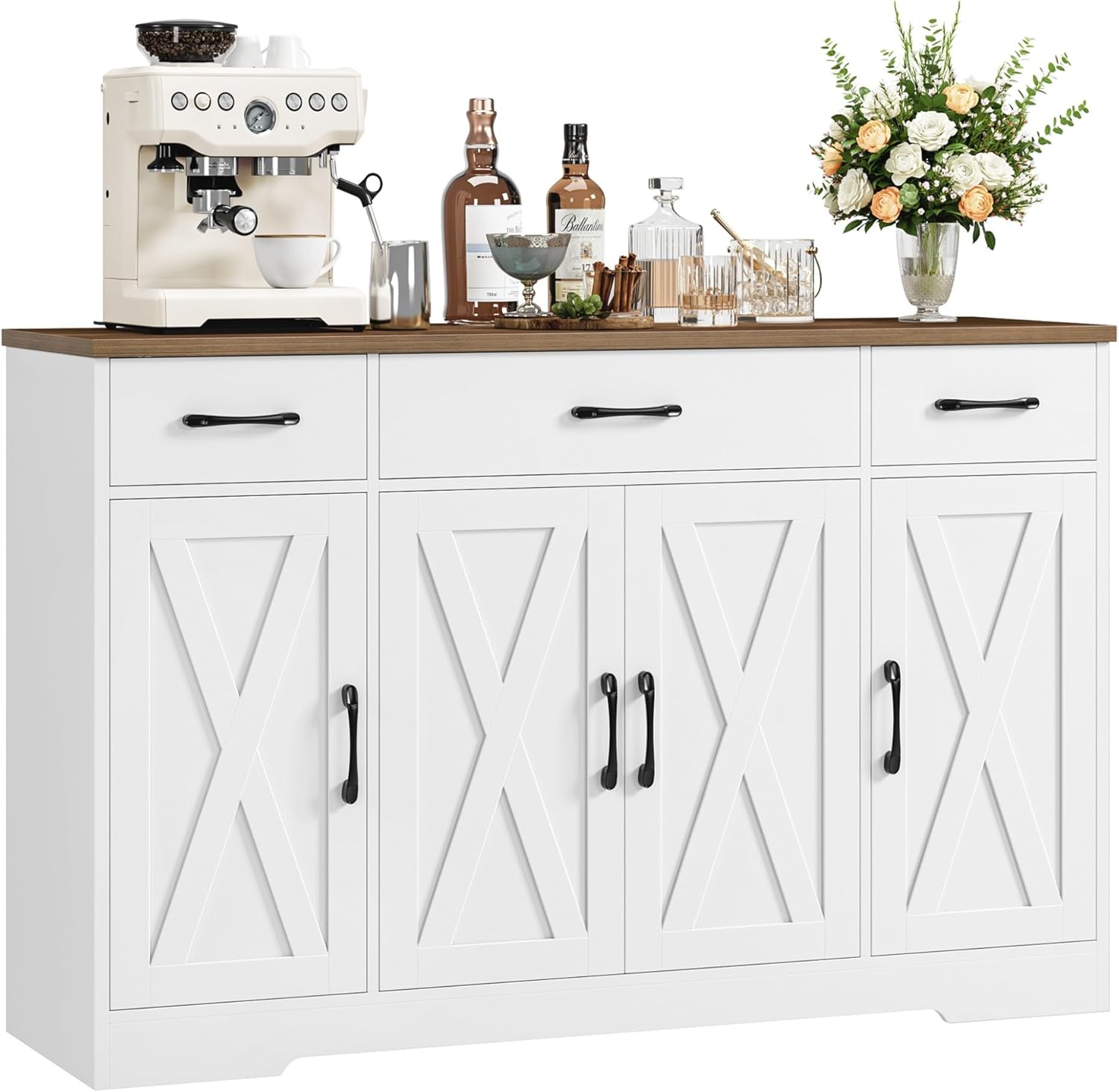 HOCSOK 140 cm Credenza Cucina, Mobile Cucina con 3 Cassetti e 4 Armadi, Buffet Mobile Moderno, Credenza Soggiorno, Mobile per Cucina Ingresso Foyer, Sala da Pranzo (Bianco +Marrone)