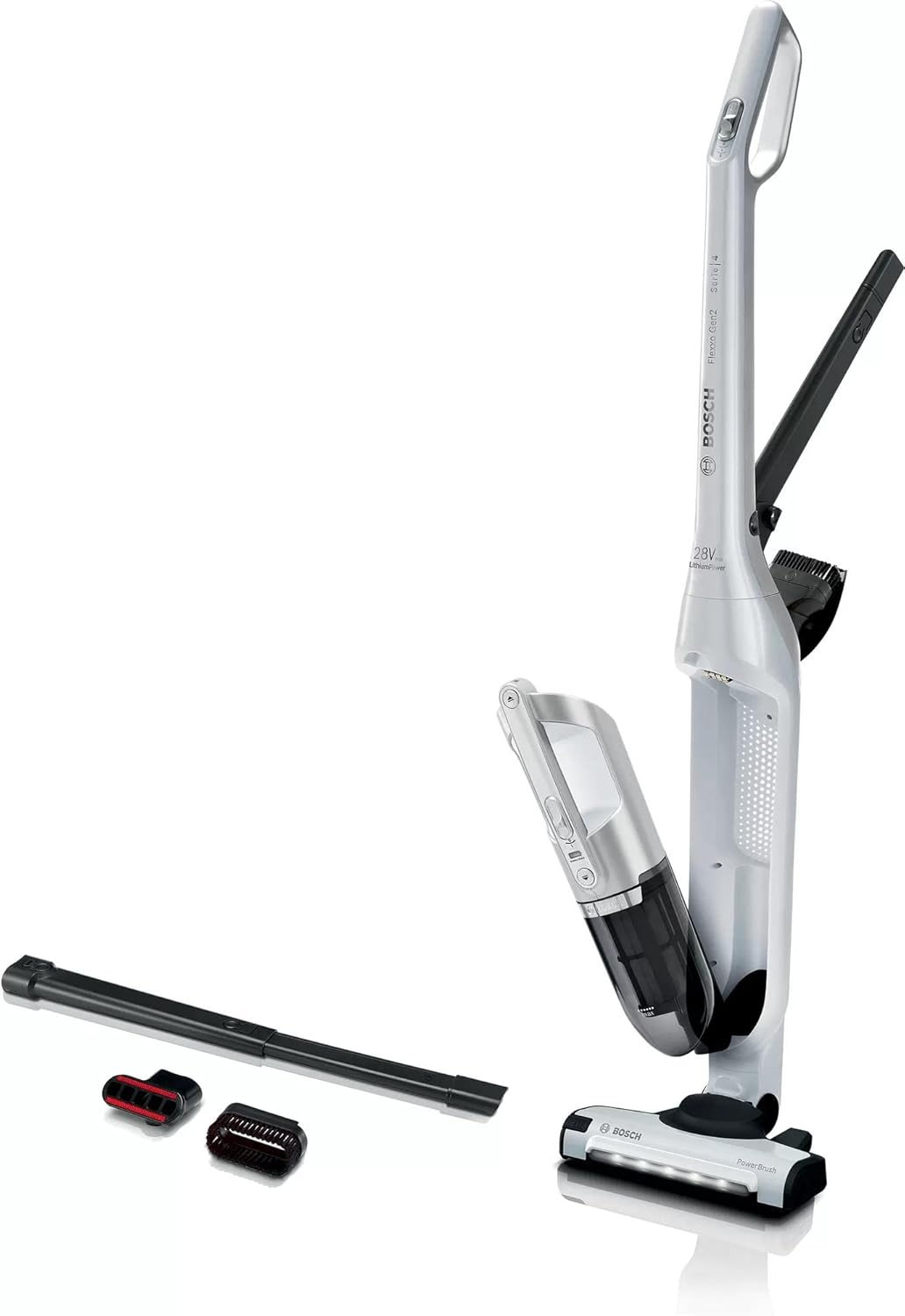 BOSCH BBH3ALL28 Aspirateur balai sans fil 2en1 et multifonction Flexxo - 2 vitesses - 28 V - 55 mn dautonomie - Blanc metallise