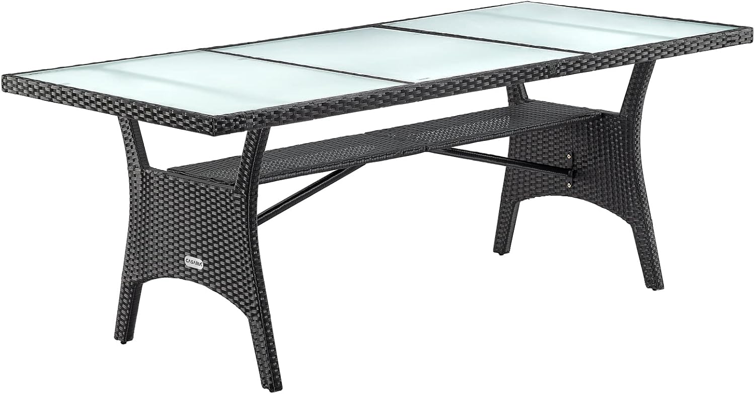 Casaria Polyrattan Garden Table 190 x 90 x 74 cm with Glass Shelf Height Adjustable Dining for Outdoor Terrace