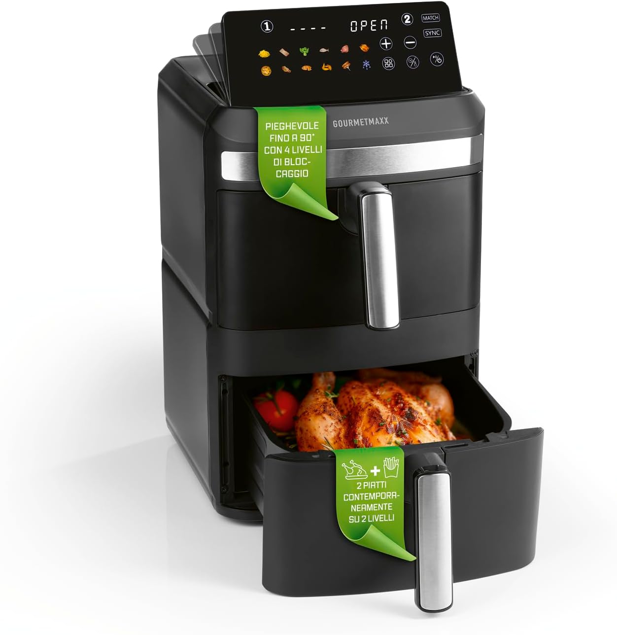 GOURMETmaxx FryUp XL - Friggitrice ad aria calda a doppia camera verticale, 12 l, con display touch a LED multicolore da 9,6 pollici e 12 programmi, friggitrice ad aria calda a 2 camere, funzione SYNC