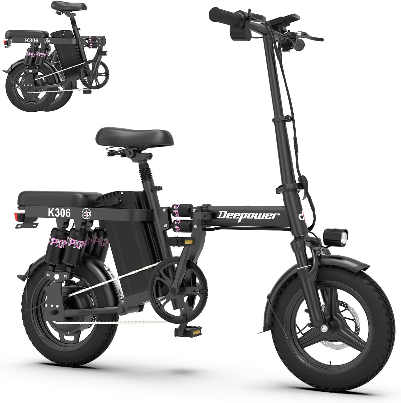 DEEPOWER Bici Elettrica Pieghevole, 14 Bicicletta Elettrica, Batteria Rimovibile 48V 10/17.5/30Ah, con 3 Modalità di Guida, Sospensioni Multizona, E-bike per Adulti e Adolescenti